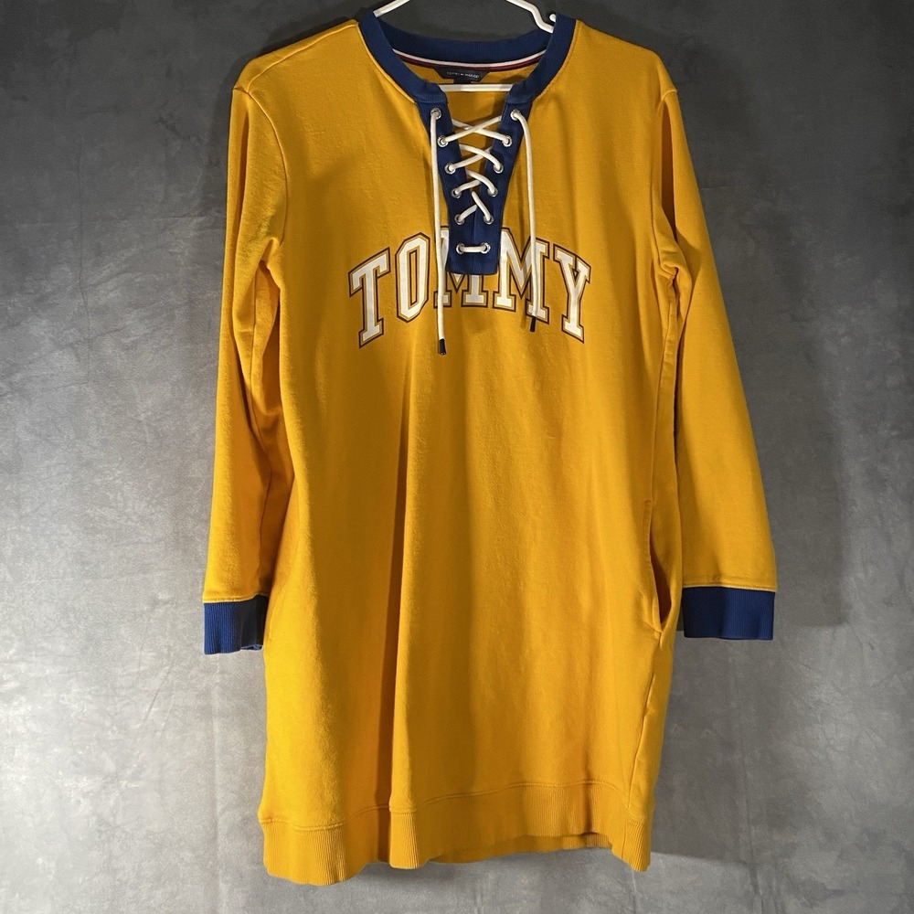 Tommy Hilfiger Hockey Style Yellow Lace Up Sweater Dress With Pockets Small